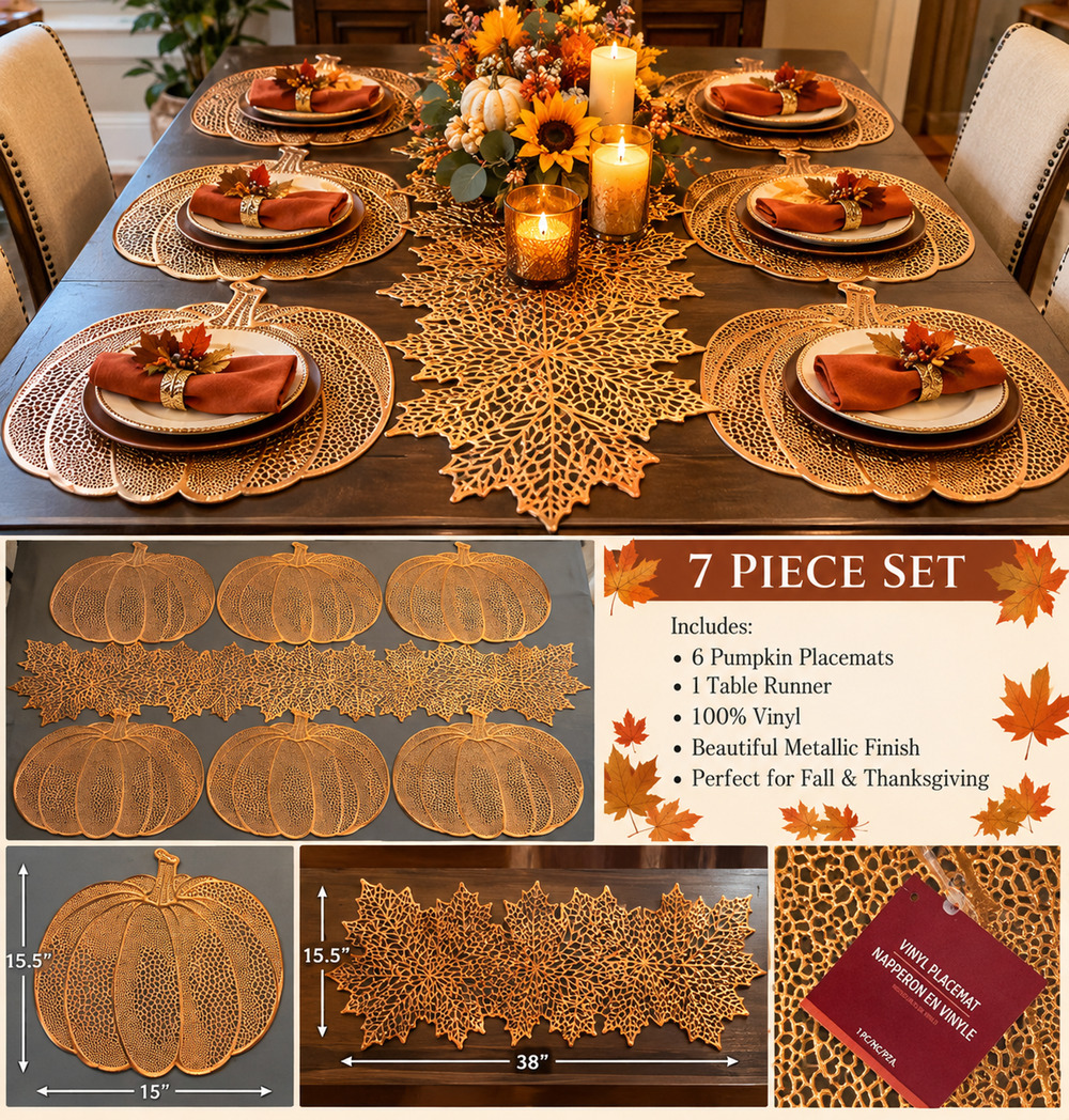 Amscan 7 Piece Fall Pumpkin Placemats & Maple Leaf Table Runner Copper Gold